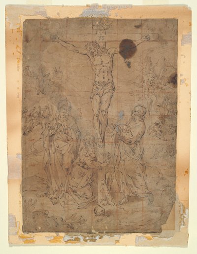 Kristus på korset mellom jomfruen og Johannes med pasjonsscener i bakgrunnen av Hendrick de Clerck