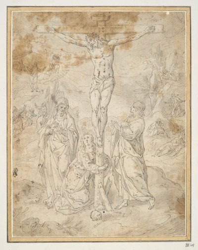 Kristus på korset mellom jomfruen og Johannes med pasjonsscener i bakgrunnen av Hendrick de Clerck