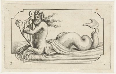 Triton spiller harpe Nouveau Livre des Dieux et Deeßes De la Marine Bouckje of Sea Gods and Goddesses (serietittel) av Hendrick de Keyser (I)