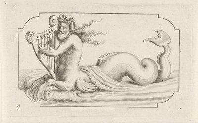 Triton spiller harpe Nouveau Livre des Dieux et Deeßes De la Marine Bouckje of Sea Gods and Goddesses (serietittel) av Hendrick de Keyser (I)