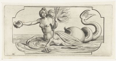 Kvinnefigur med trefork av Neptun Nouveau Livre des Dieux et Deeßes De la Marine Bouckje of Sea Gods and Goddesses (serietittel) av Hendrick de Keyser (I)