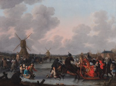 Et vinterlandskap med mange hestetrukne sleder på isen av Hendrick de Meijer