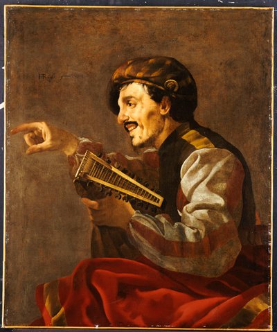 En sittende lutanist som peker av Hendrick ter Brugghen