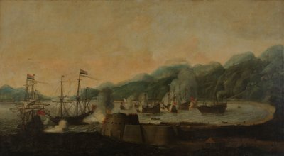 En nederlandsk skvadron under kommando av Cornelis Simonsz van der Veer som utfører et overraskelsesangrep på tre portugisiske galleoner i Goa Velha-bukten, 30. september 1639 av Hendrick van Anthonissen