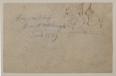 Anmerkning av en senere hånd. Skisse av en hukende figur og en oppveksthest, ?, 1500-tallet av Hendrick van Cleve