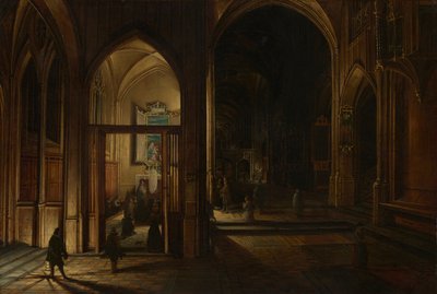 Interiør i en gotisk kirke om natten av Hendrick van Steenwijk the Younger