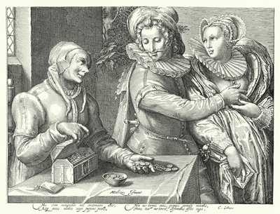 En ung mann som velger kjærlighet til skjønnhet i stedet for rikdom (gravering) av Hendrik (after) Goltzius