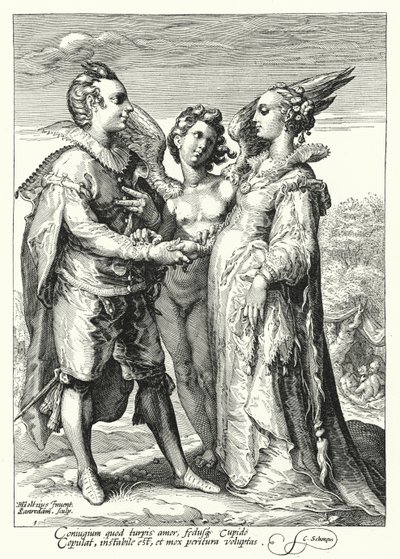 Ekteskap for kjærlighet forrettet av Amor (gravering) av Hendrik (after) Goltzius