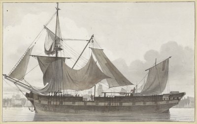 Tre-master under nødrigg, inn i havn med lett vind Seilskute sett fra siden, i en havn av Hendrik Abraham Klinkhamer
