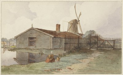 Vindmølle med trebygninger nær Amsterdam av Hendrik Abraham Klinkhamer