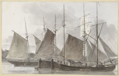 Seilskuter la til kai foran en by av Hendrik Abraham Klinkhamer