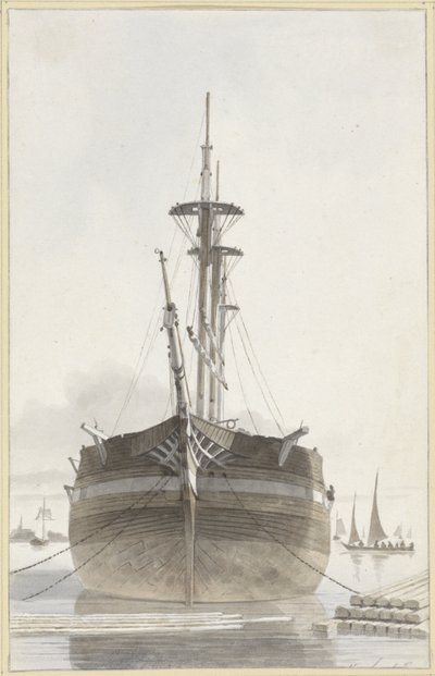 Seilskute sett forfra i en tømmerhavn av Hendrik Abraham Klinkhamer