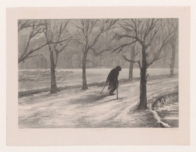 Mann på krykker i et vinterlandskap Vinter også i livet (original tittel) av Hendrik Adriaan Christiaan Dekker