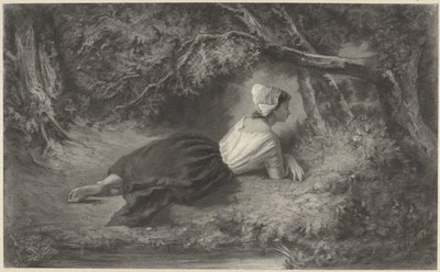 Jente som ligger under trær ved et vann av Hendrik Adriaan Christiaan Dekker