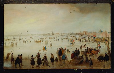 Skatere, golfspillere, elegante damer og herrer på islagt flomvann ved Broederpoort på Kampen av Hendrik Avercamp