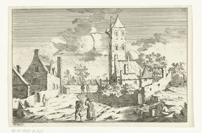 Landsbyutsikt med hus og tårn på en sandvei med figurer av Hendrik Berg