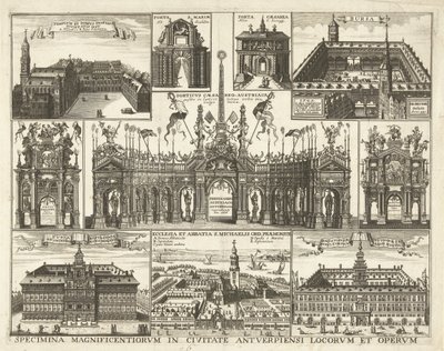 Blad met tien voorsetningen van de intocht van de Kardinaal Infant Ferdinand te Antwerpen, 1635 Eksemplarer av de mest praktfulle stedene og verkene i byen Antwerpen (tittel på objekt) av Hendrik Causé