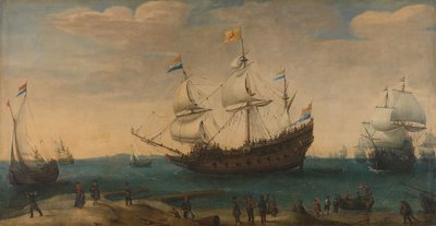 En rekke østindiamenn utenfor kysten (Mauritius og andre østindiamenn som seiler ut av Marsdiep) av Hendrick Cornelisz. Vroom