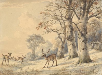 Hjort under bøketrær om sommeren, 1853. av Hendrik Gerrit ten Cate