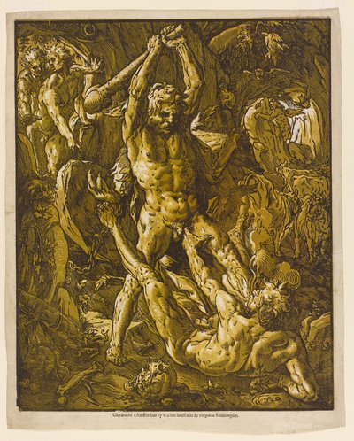 Hercules and Cacus, 1588 (chiaroscuro tresnitt på lagt papir) av Hendrik Goltzius