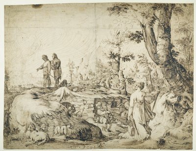 Landskap med bønder ved en hytte av Hendrik Goltzius