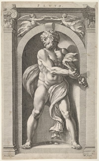 Pluto, på verso skisser av en figur, fire hoder og en søyle, 1592. av Hendrik Goltzius