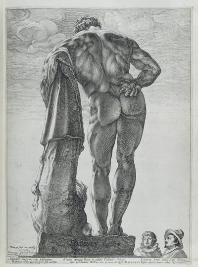 Sett bakfra av Farnese Hercules (kobbergravering) av Hendrik Goltzius