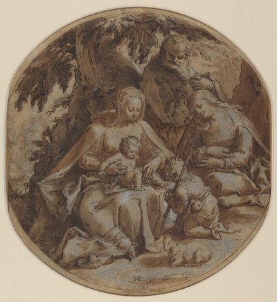 Den hellige familie med Saint Elizabeth og Saint John the Baptist av Hendrik Goltzius
