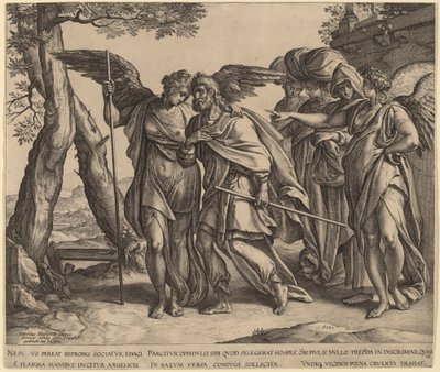 Lot og hans døtre forlater Sodoma av Hendrik Goltzius after Anthonie van Blocklandt