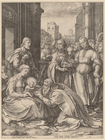 Tilbedelsen av magiene av Hendrik Goltzius in the style of Lucas van Leyden