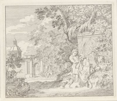 Par ved et klassisk monument og en byport Anette og Lubin (tittel på objekt) av Hendrik Hoogers