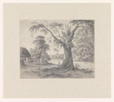 Landskap med tre og hytte med hest og vogn og to figurer av Hendrik Huygens (signed by artist)
