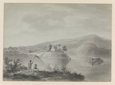 Utsikt over en elv med noen hus, muligens Berg en Dal av Hendrik Huygens