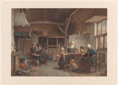 Våningshus interiør, familie på kjøkkenet av Hendrik Jacobus Scholten