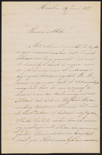 Brev til August Allebé av Hendrik Jacobus Scholten
