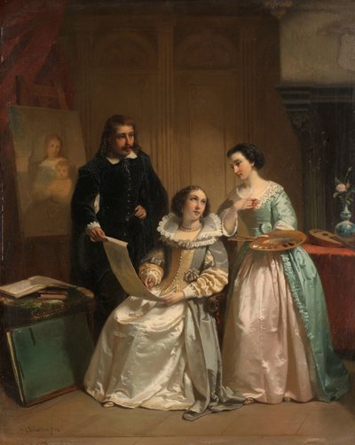 Gerard van Honthorst viser tegningene av sin elev Louise av Böhmen til Amalia van Solms av Hendrik Jacobus Scholten