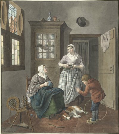 Interiør med sydame, hushjelp og lekende gutt av Hendrik Jan van Amerom