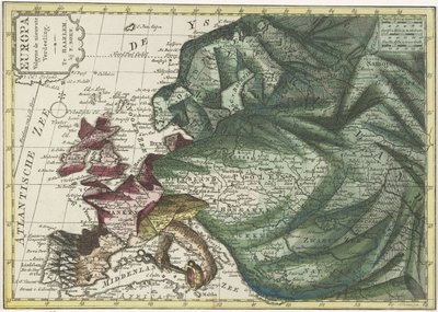 Kart over Europa, farget inn som dronning Europa i henhold til den siste inndelingen (tittel på objekt) av Hendrik Kloekhoff