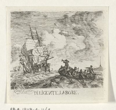 Villt vann med forskjellige båter Diligente, labore (tittel på objekt) av Hendrik Kobell
