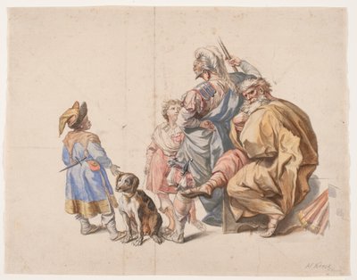 Figurkomposisjon med svart hoffnarr og hund av Hendrik Krock