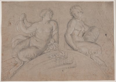 To kvinnelige satyrfigurer (fauner) på en segmentformet bue av Hendrik Krock