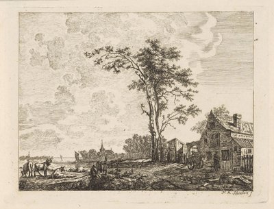 Landskap med et hus ved en elv av Hendrik Marcus Schouten