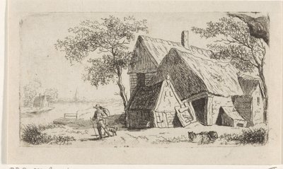 Mann med hund på en gård på vannet av Hendrik Marcus Schouten
