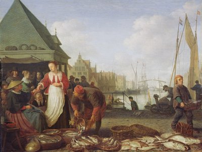 Rotterdam fiskemarked (olje på eikepanel) av Hendrik Martensz Sorgh