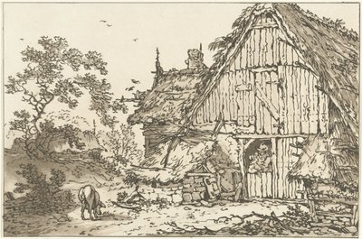 Boerderij med twee mennesker i døråpningen Tolv design beregnet for bruk av de som lærer å tegne landskap (serietittel) av Hendrik Meijer