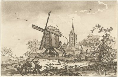 Landskap med vindmølle og kirke Tolv design beregnet for bruk av de som lærer å tegne landskap (serietittel) av Hendrik Meijer