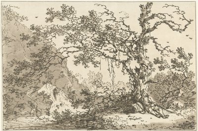 Hvilende reisende med hunden sin i et landskap Tolv design beregnet for bruk av de som lærer å tegne landskap (serietittel) av Hendrik Meijer