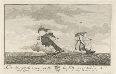 Kamp mot en sterk kutter, 1782 Stædig kamp mot en sterk kutter på 18 stykker (...) av Capt: Le Turc den 7. mars 1782 (tittel på objekt) av Hendrik Roosing