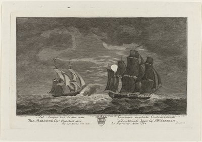 Sextroh Hunts on the Marianne, 1782 Jakten på den engelske østersjøfareren der til genomer Marianne Capt. Philskerk av Zierikzeesche Kaper Capt. J:W:Sextroh Om kvelden 20. november Anno 1782 (tittel på objekt) av Hendrik Roosing
