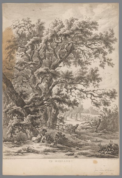 Landskap med mann og hund under et tre ved Midlaren I Midlaren (tittel på objekt) Ni ansikter i Drenthe (serietittel) IX Ansikter i og nær Drenthes landskap (serietittel) av Hendrik Schwegman